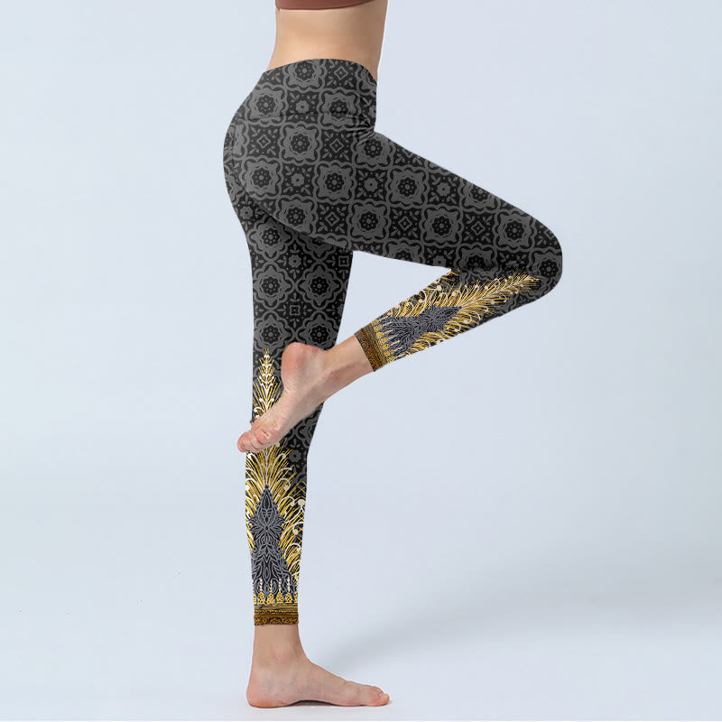 Buddha Stonesダークグレー 幾何学模様 ゴールド フェザープリント ジムレギンス レディース ヨガパンツ - image 4