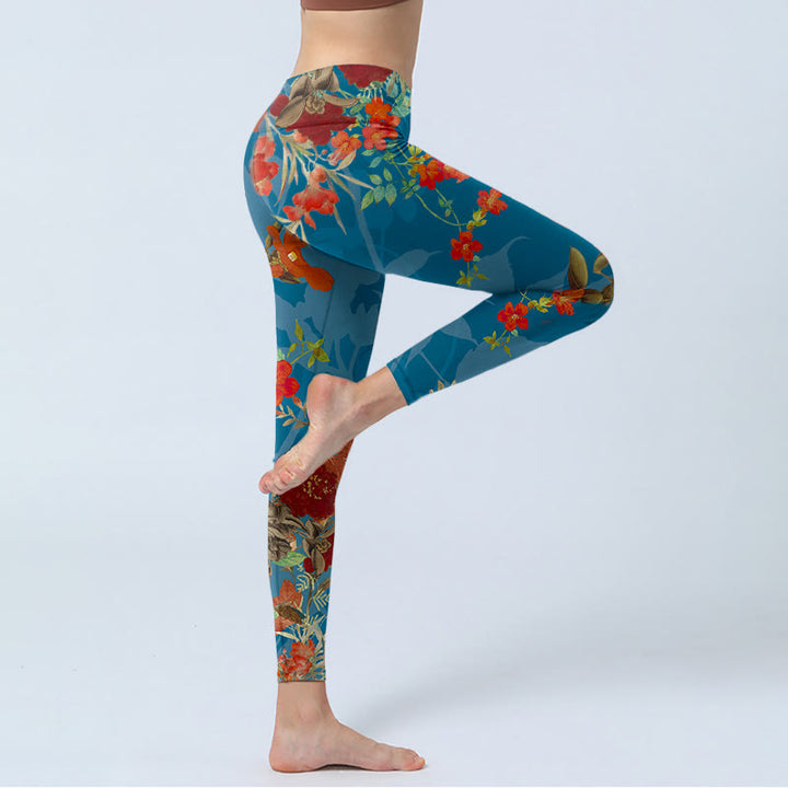 Buddha Stones、青、赤、花、鳥のプリントジムレギンス、レディースヨガパンツ - image 4