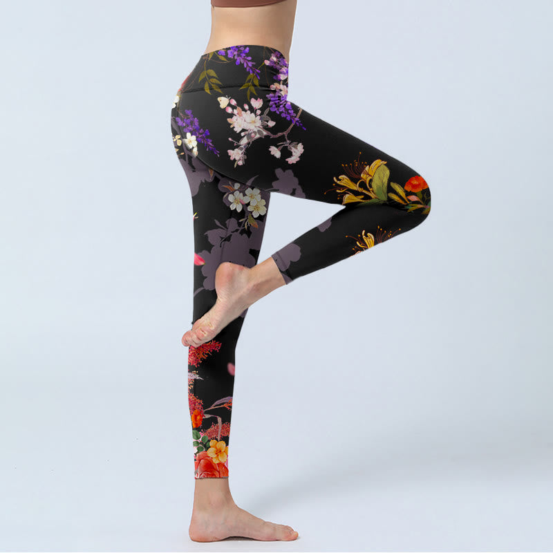 Buddha Stonesブラック カラフルフラワープリント ジムレギンス レディース ヨガパンツ - image 4