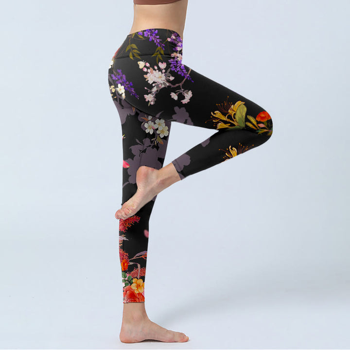 Buddha Stonesブラック カラフルフラワープリント ジムレギンス レディース ヨガパンツ - image 4