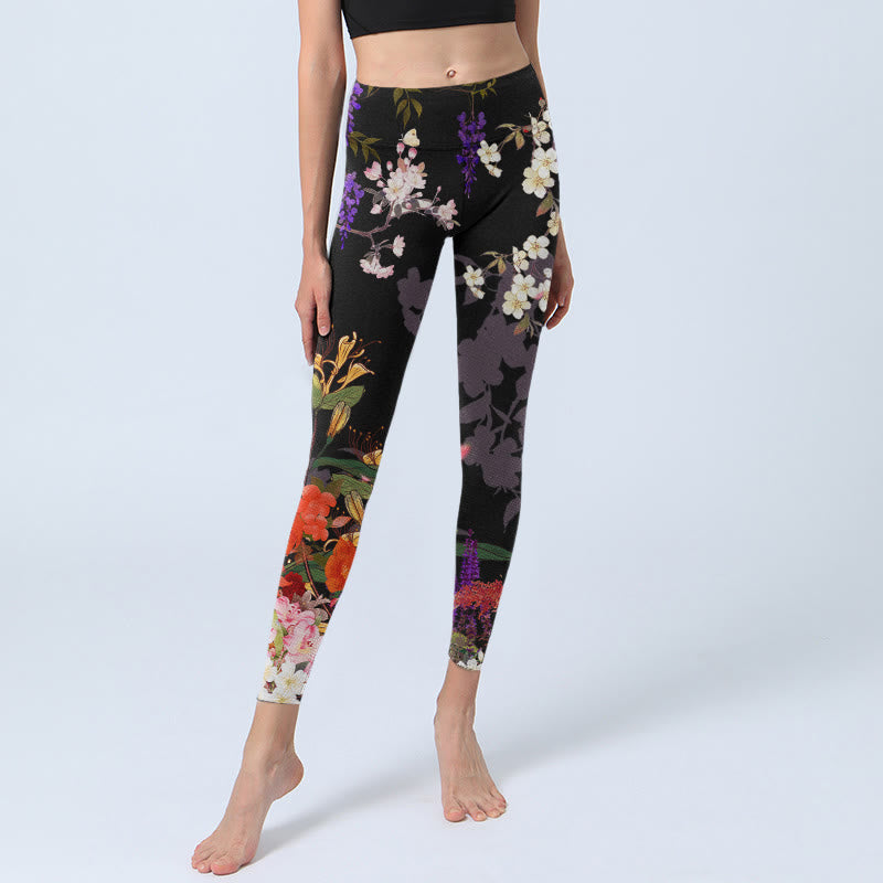 Buddha Stonesブラック カラフルフラワープリント ジムレギンス レディース ヨガパンツ - image 6