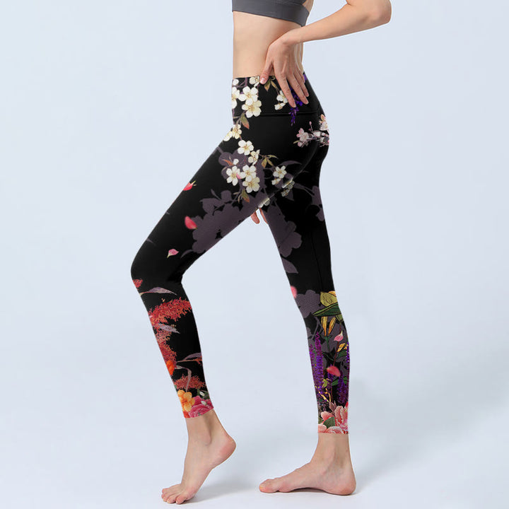 Buddha Stonesブラック カラフルフラワープリント ジムレギンス レディース ヨガパンツ - image 3