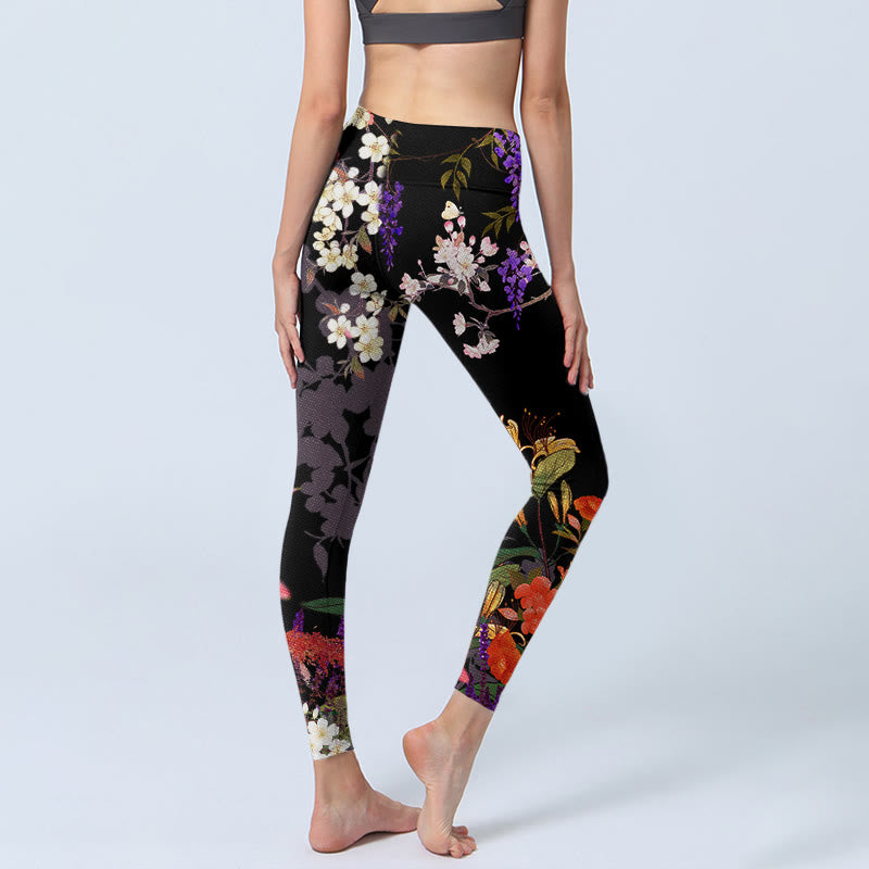 Buddha Stonesブラック カラフルフラワープリント ジムレギンス レディース ヨガパンツ - image 5