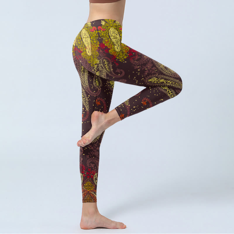 Buddha Stones赤茶色のカシューナッツフラワーつる柄プリント ジムレギンス レディース ヨガパンツ - image 4