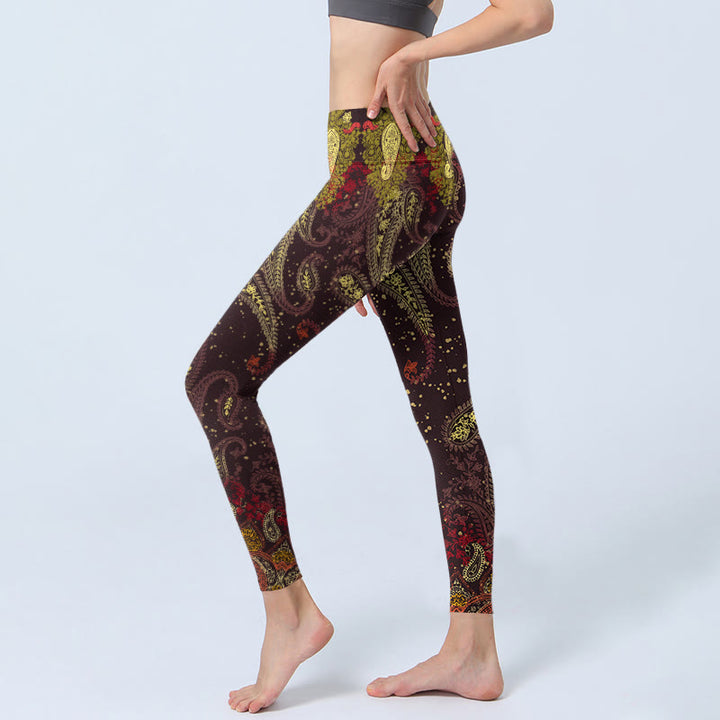 Buddha Stones赤茶色のカシューナッツフラワーつる柄プリント ジムレギンス レディース ヨガパンツ - image 3