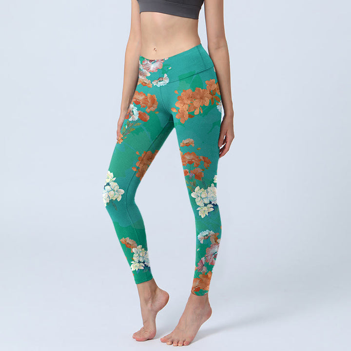 Buddha Stonesグリーン オレンジ ベージュ 花柄 ジムレギンス レディース ヨガパンツ - ターコイズ - US18、 UK/AU22、 EU50 (4XL) - image 1
