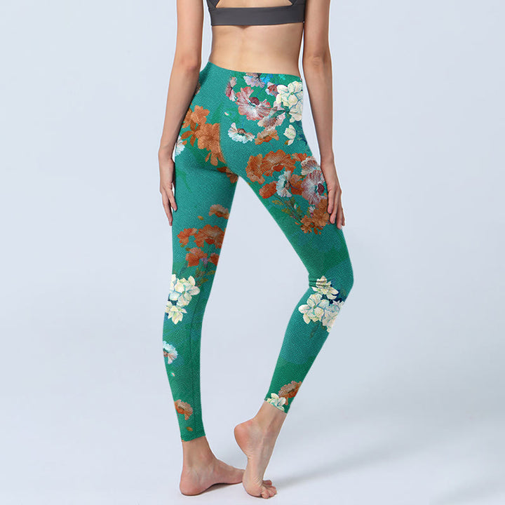 Buddha Stonesグリーン オレンジ ベージュ 花柄 ジムレギンス レディース ヨガパンツ - image 5
