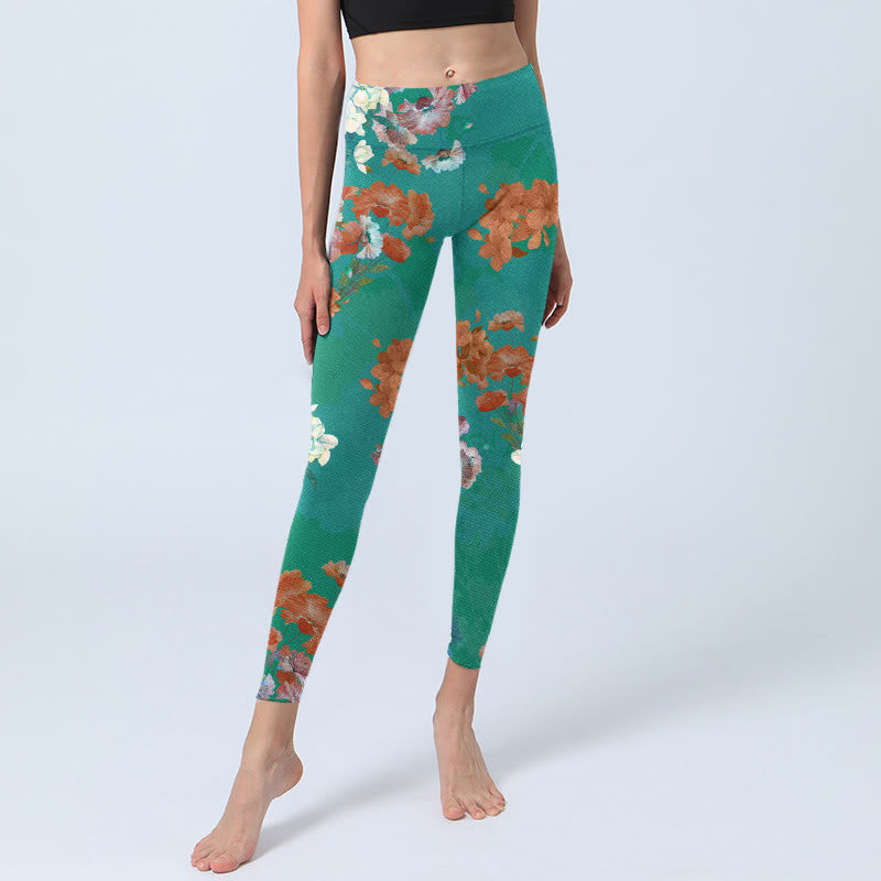Buddha Stonesグリーン オレンジ ベージュ 花柄 ジムレギンス レディース ヨガパンツ - image 6
