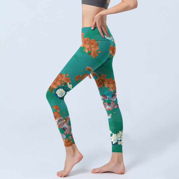 Buddha Stonesグリーン オレンジ ベージュ 花柄 ジムレギンス レディース ヨガパンツ - image 3