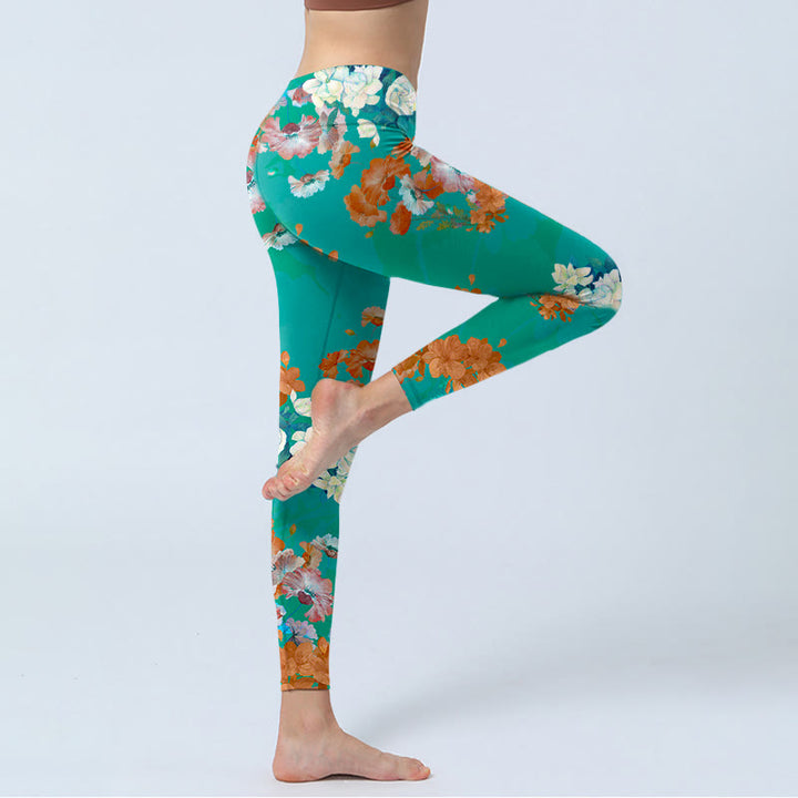 Buddha Stonesグリーン オレンジ ベージュ 花柄 ジムレギンス レディース ヨガパンツ - image 4