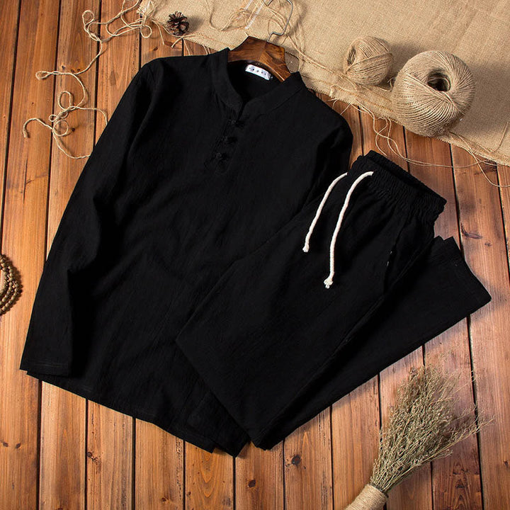 Buddha Stones純色 コットン リネン 長袖 トップス パンツ 服 メンズ セット - 黒 - US/UK/AU44、EU54（5XL） - image 10