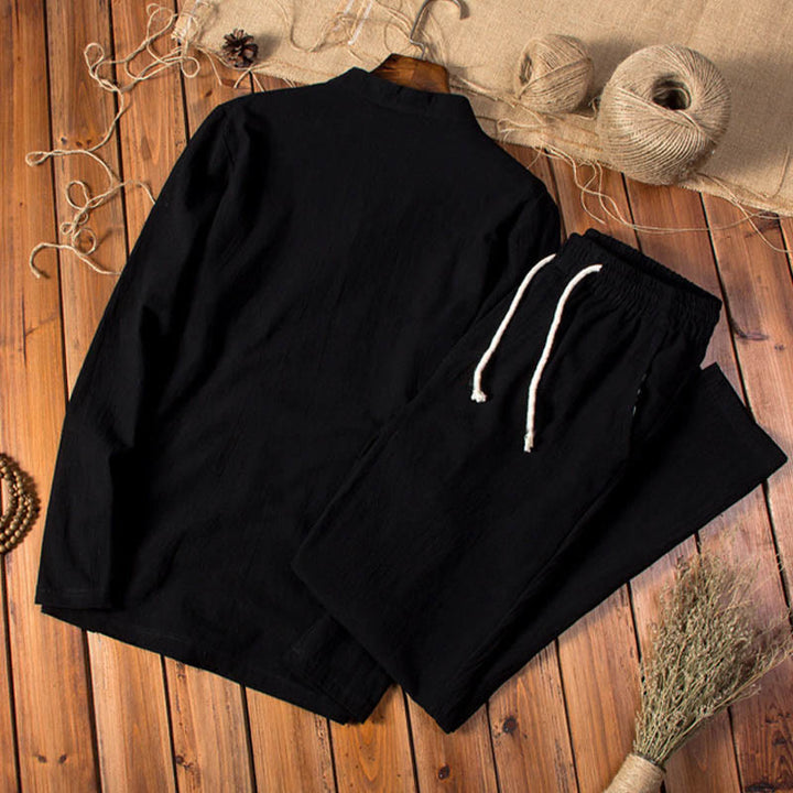 Buddha Stones純色 コットン リネン 長袖 トップス パンツ 服 メンズ セット - image 11