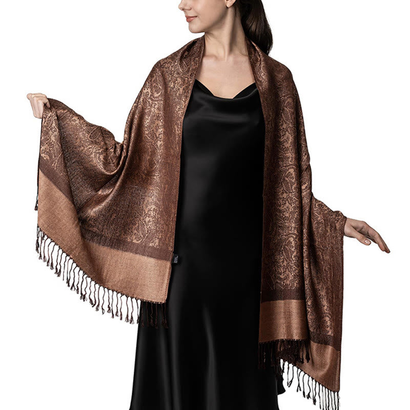 Buddha Stonesチベットカシュー ジャカード タッセル ショール 春 秋 冬 暖かい 心地良い スカーフ ラップ - ダークゴールデンロッド 180×70cm - image 1