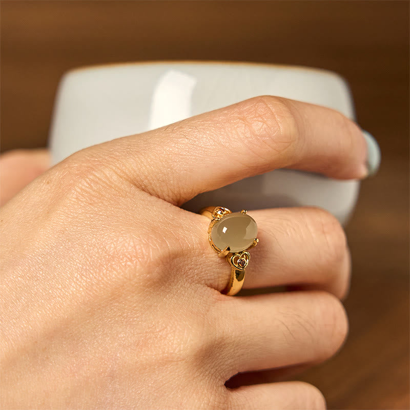 Buddha Stones天然和田翡翠卵型ハート型銅製幸運オープンリング - image 2