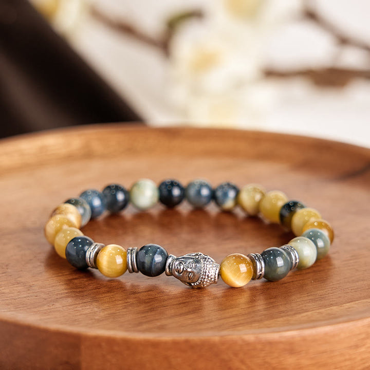 Buddha Stonesブルーグリーンレッドタイガーアイ 仏陀頭 バランスブレスレット