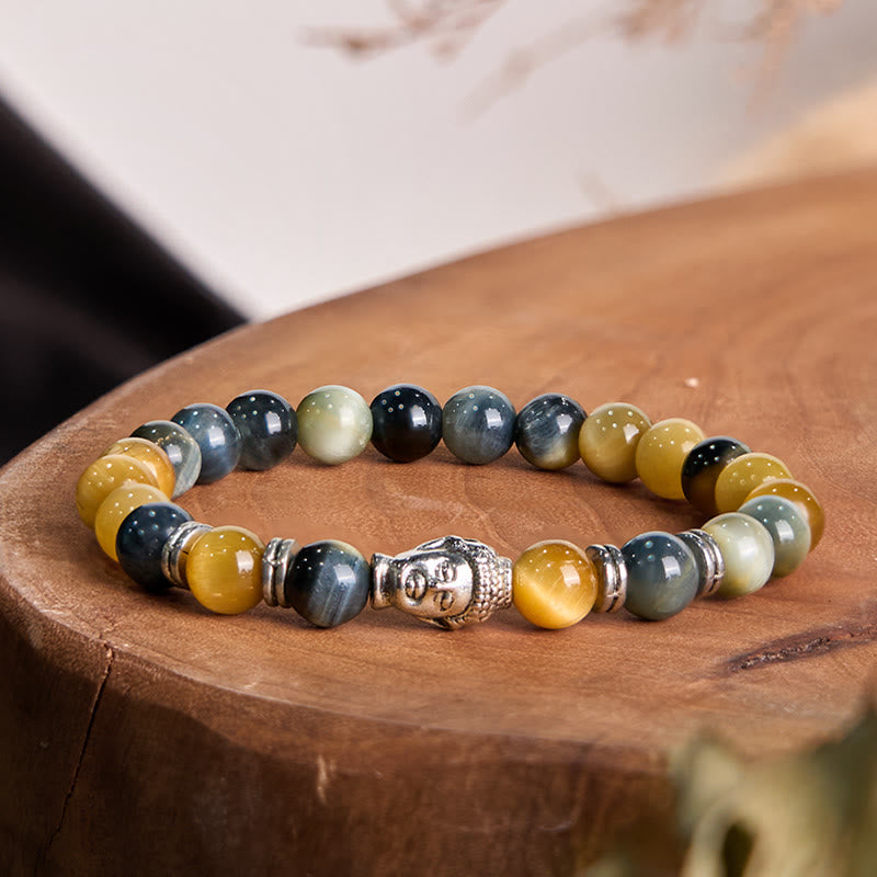Buddha Stonesブルーグリーンレッドタイガーアイ 仏陀頭 バランスブレスレット