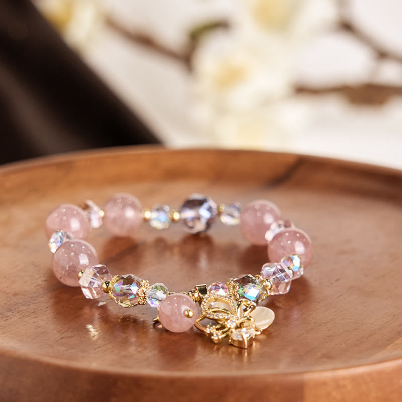 Buddha Stones天然ストロベリークォーツ バタフライ ヒーリングブレスレット