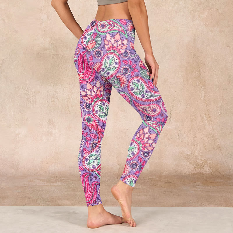 Buddha Stonesパープル ピンク カシューフラワー ひまわりプリント ジム フィットネス レギンス レディース ヨガパンツ - image 3