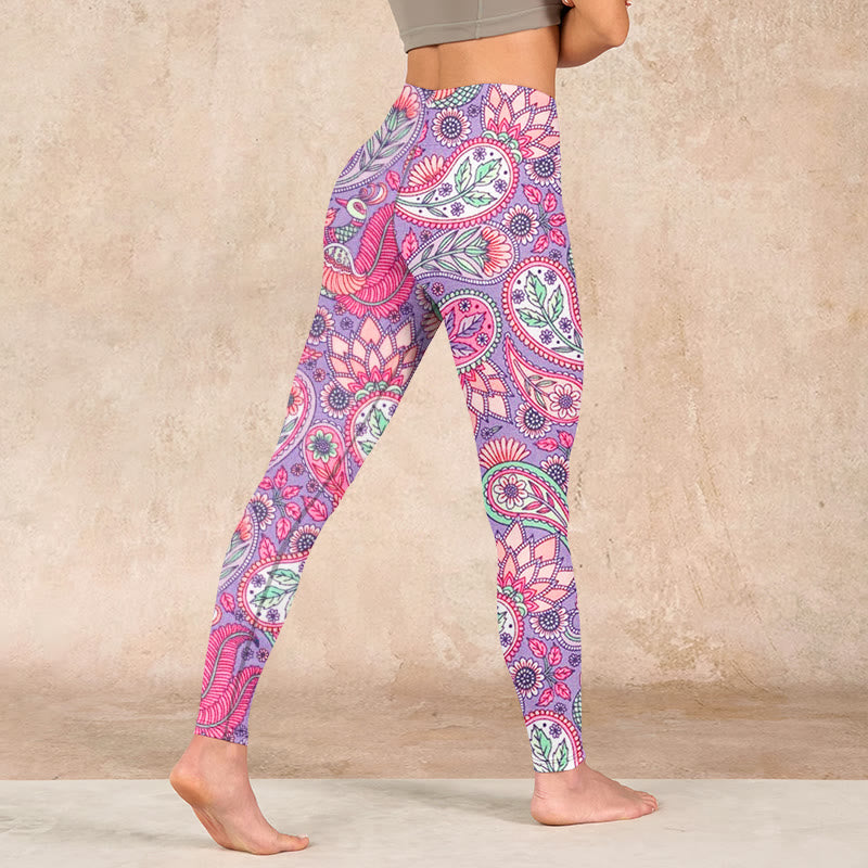 Buddha Stonesパープル ピンク カシューフラワー ひまわりプリント ジム フィットネス レギンス レディース ヨガパンツ - image 5