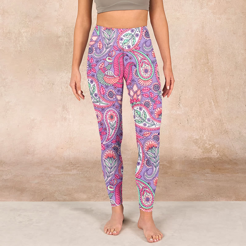 Buddha Stonesパープル ピンク カシューフラワー ひまわりプリント ジム フィットネス レギンス レディース ヨガパンツ - image 1