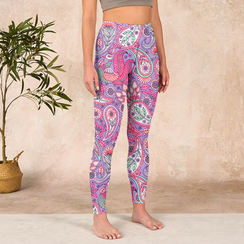 Buddha Stonesパープル ピンク カシューフラワー ひまわりプリント ジム フィットネス レギンス レディース ヨガパンツ - image 4