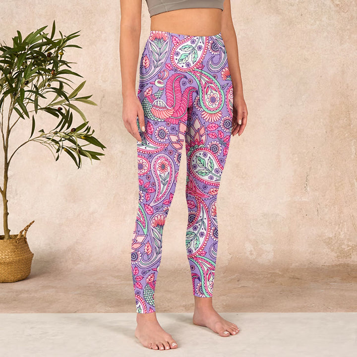 Buddha Stonesパープル ピンク カシューフラワー ひまわりプリント ジム フィットネス レギンス レディース ヨガパンツ - image 4