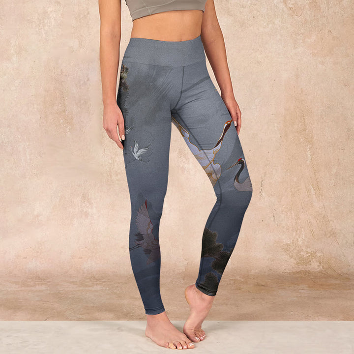 Buddha Stonesと縁起の良い白鶴の松の木のプリントジムレギンスレディースヨガパンツ - image 0