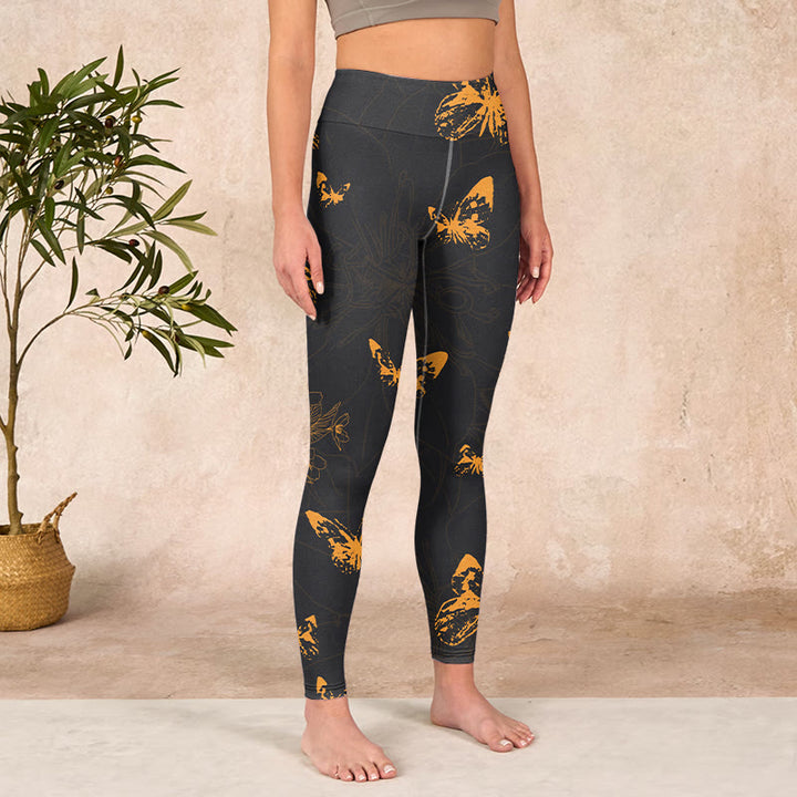 Buddha Stonesダークグレー 蝶 牡丹 花柄 プリント ジムレギンス レディース ヨガパンツ - image 4
