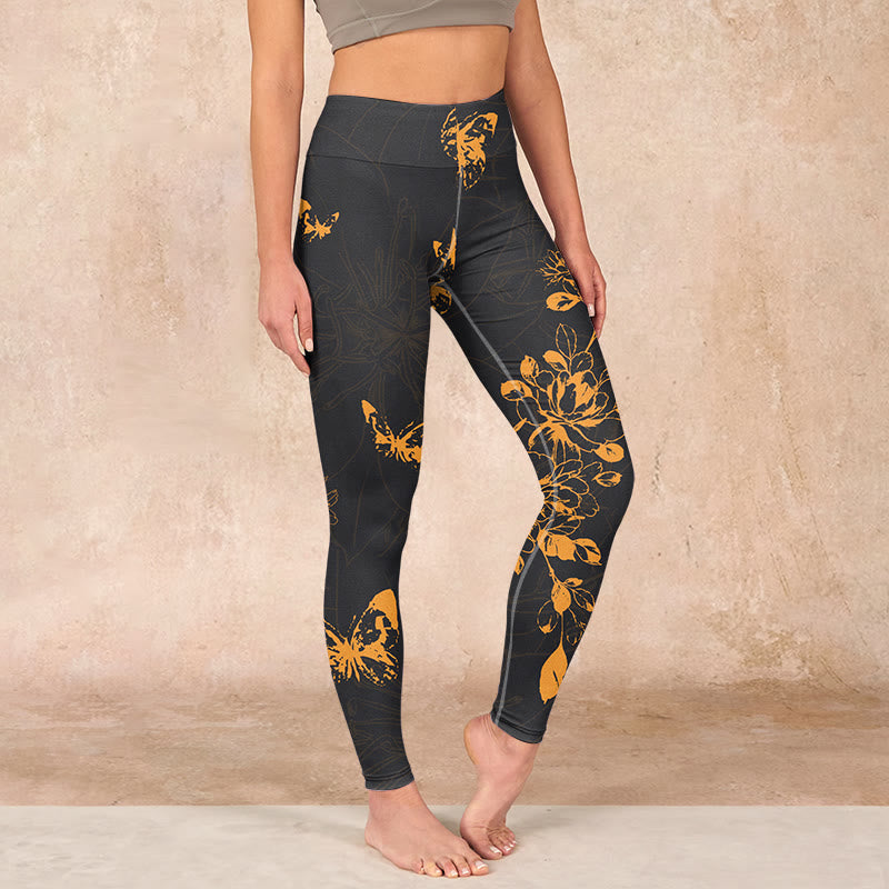 Buddha Stonesダークグレー 蝶 牡丹 花柄 プリント ジムレギンス レディース ヨガパンツ - ダークスレートグレー - US18、 UK/AU22、 EU50 (4XL) - image 1