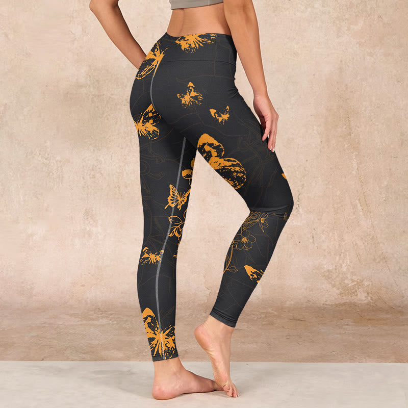 Buddha Stonesダークグレー 蝶 牡丹 花柄 プリント ジムレギンス レディース ヨガパンツ - image 3
