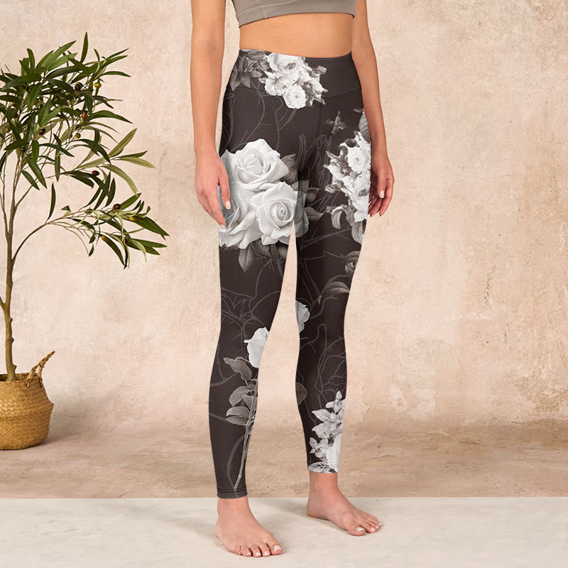 Buddha Stonesグレー ホワイト ローズプリント ジム フィットネス レギンス レディース ヨガパンツ - image 4