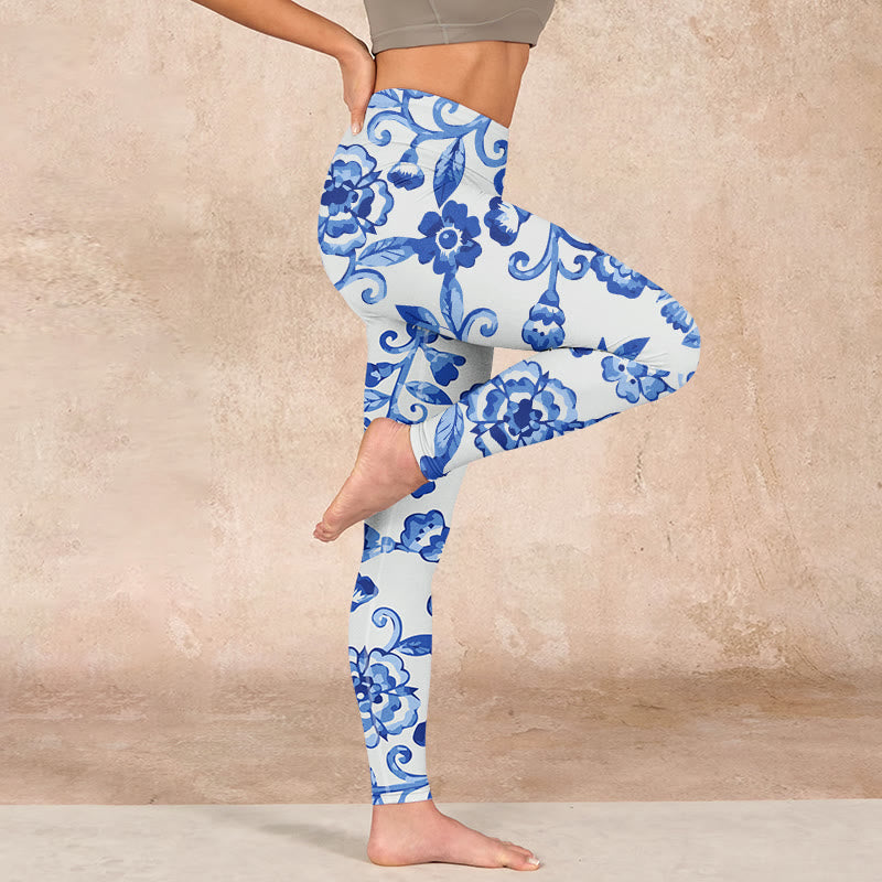 Buddha Stones、青い花、葉、枝のプリントジムレギンス、レディースヨガパンツ - image 17