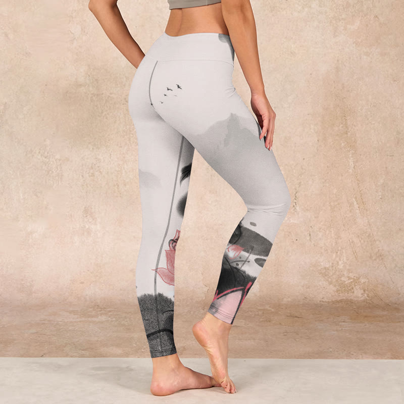 Buddha Stones水墨画 蓮の花 葉 プリント ジム フィットネス レギンス レディース ヨガパンツ - image 2