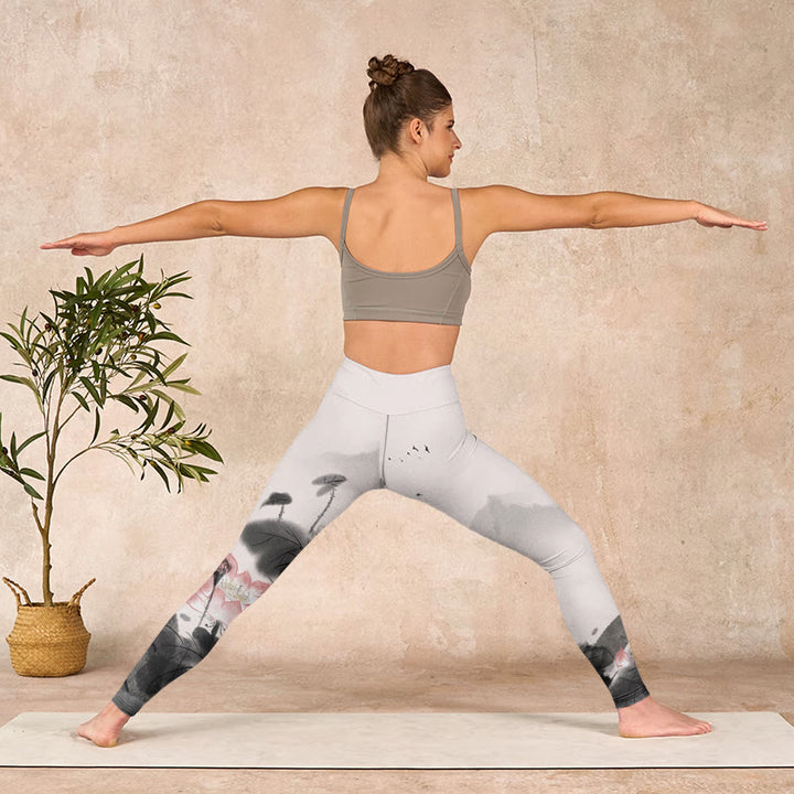 Buddha Stones水墨画 蓮の花 葉 プリント ジム フィットネス レギンス レディース ヨガパンツ - image 11