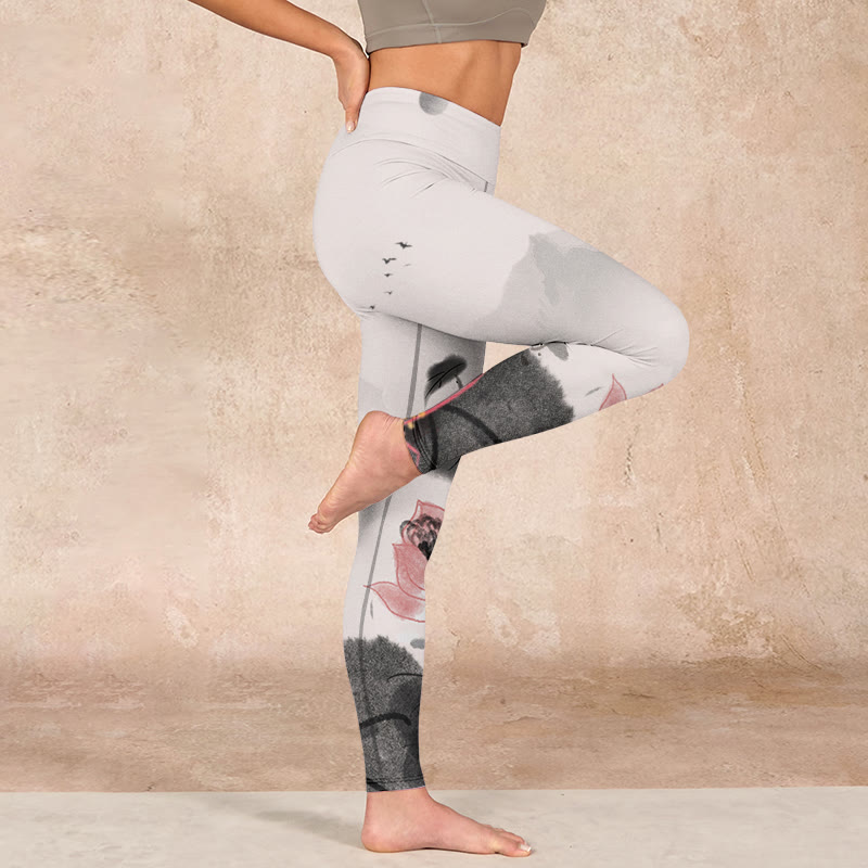 Buddha Stones水墨画 蓮の花 葉 プリント ジム フィットネス レギンス レディース ヨガパンツ - image 16