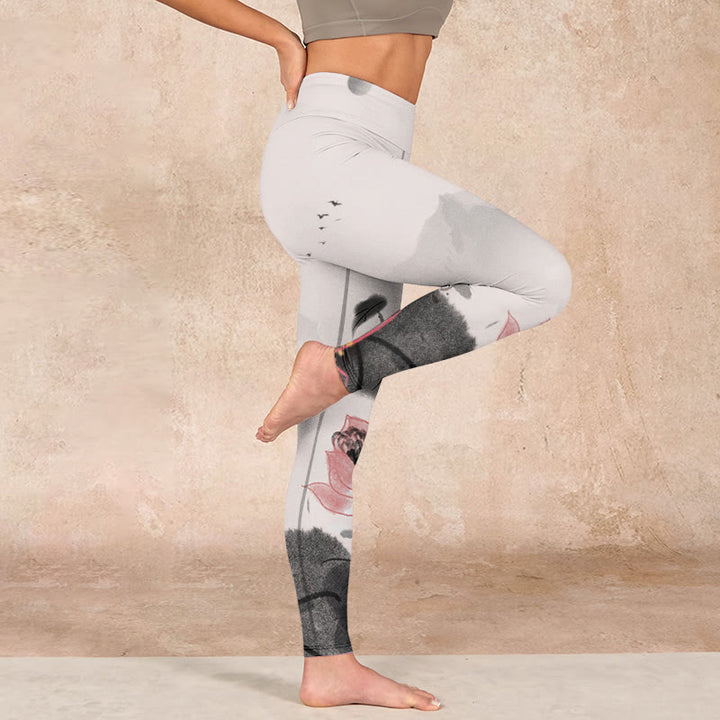 Buddha Stones水墨画 蓮の花 葉 プリント ジム フィットネス レギンス レディース ヨガパンツ - image 16