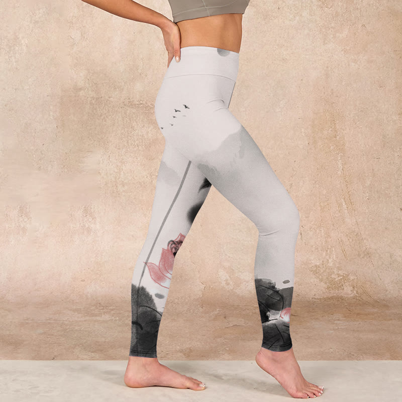 Buddha Stones水墨画 蓮の花 葉 プリント ジム フィットネス レギンス レディース ヨガパンツ - image 17