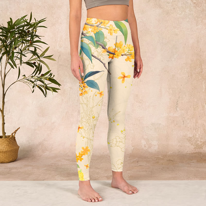 Buddha Stones、黄色のキンモクセイ、菜種プリントのジムレギンス、レディースヨガパンツ - image 4