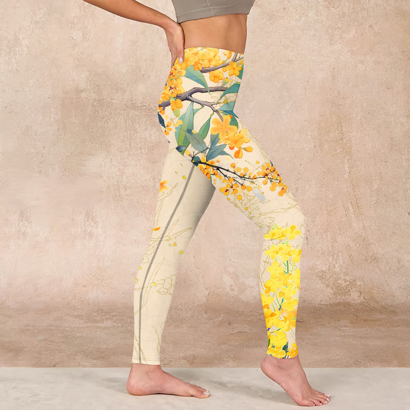 Buddha Stones、黄色のキンモクセイ、菜種プリントのジムレギンス、レディースヨガパンツ - image 18