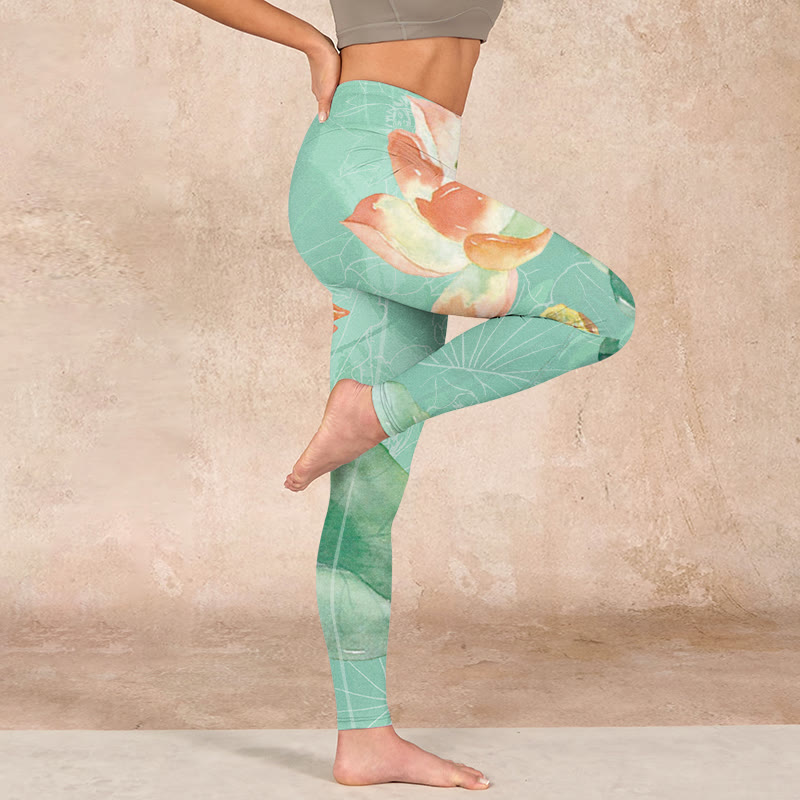 Buddha Stones、蓮の葉、種子の鞘プリントのジムレギンス、レディースヨガパンツ - image 16