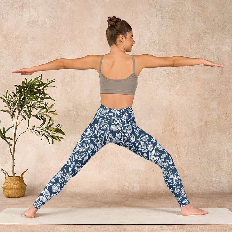 Buddha Stonesダークブルー フラワープリント フィットネスレギンス レディース ヨガパンツ - image 10