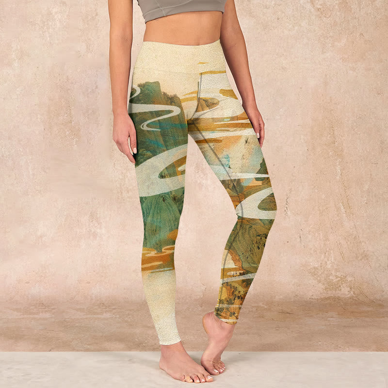 Buddha Stones、緑の山々、雲、霧のプリント フィットネスレギンス レディース ヨガパンツ - image 0