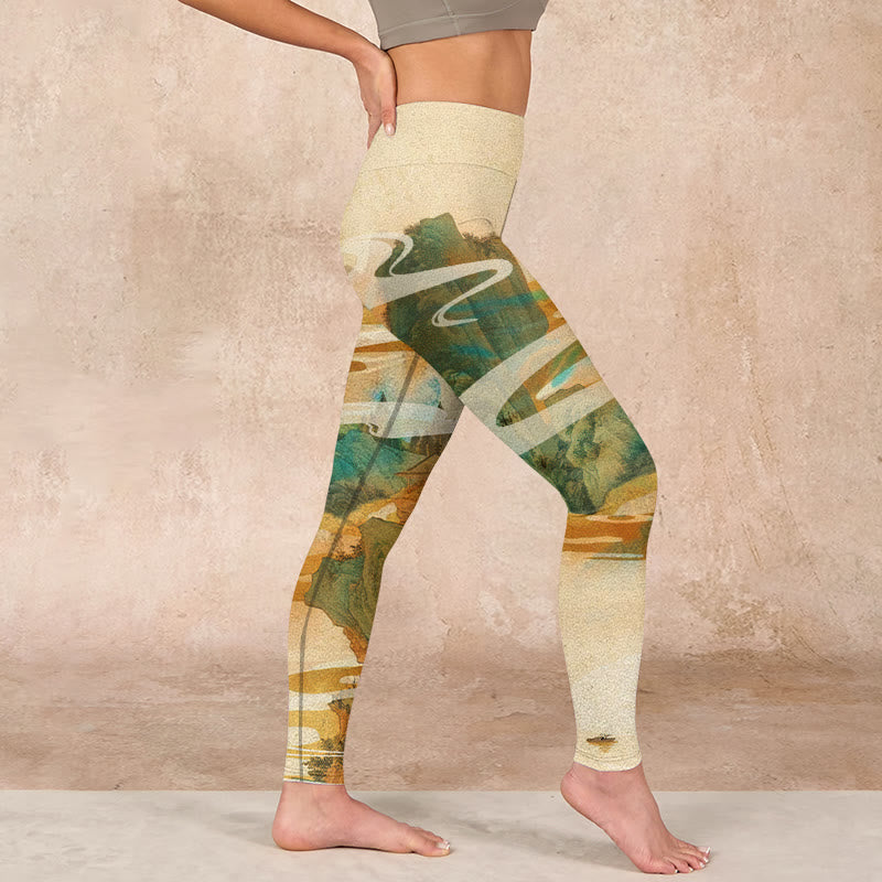 Buddha Stones、緑の山々、雲、霧のプリント フィットネスレギンス レディース ヨガパンツ - image 16