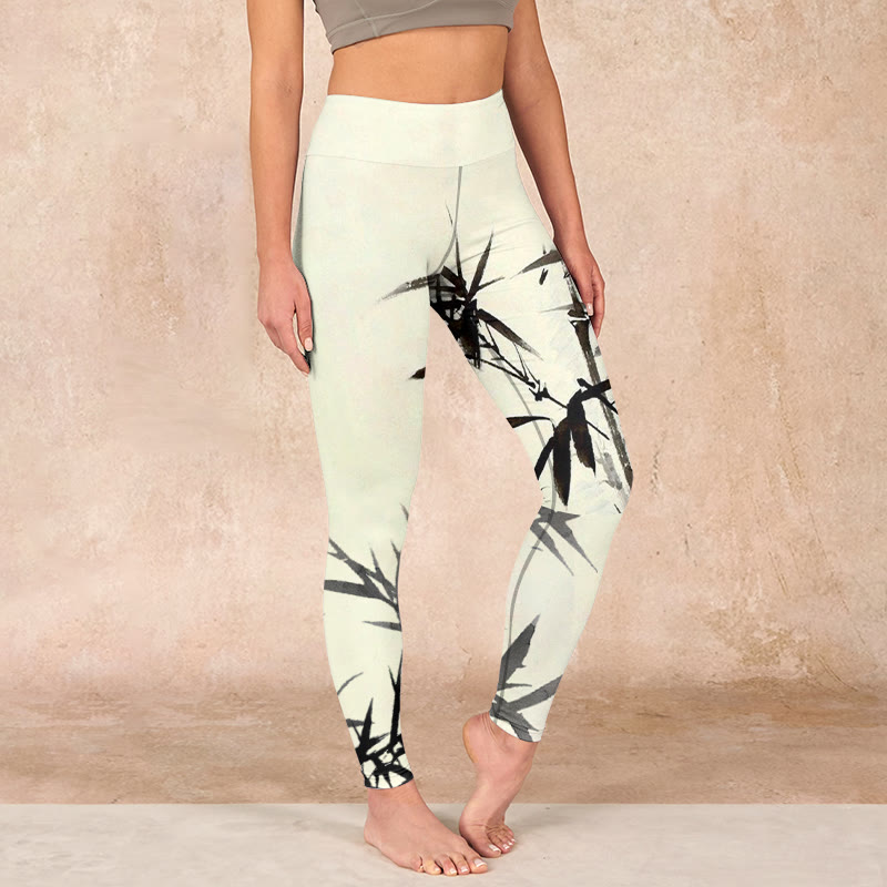 Buddha Stones水墨画 竹の葉 プリント スポーツレギンス レディース ヨガパンツ - image 0