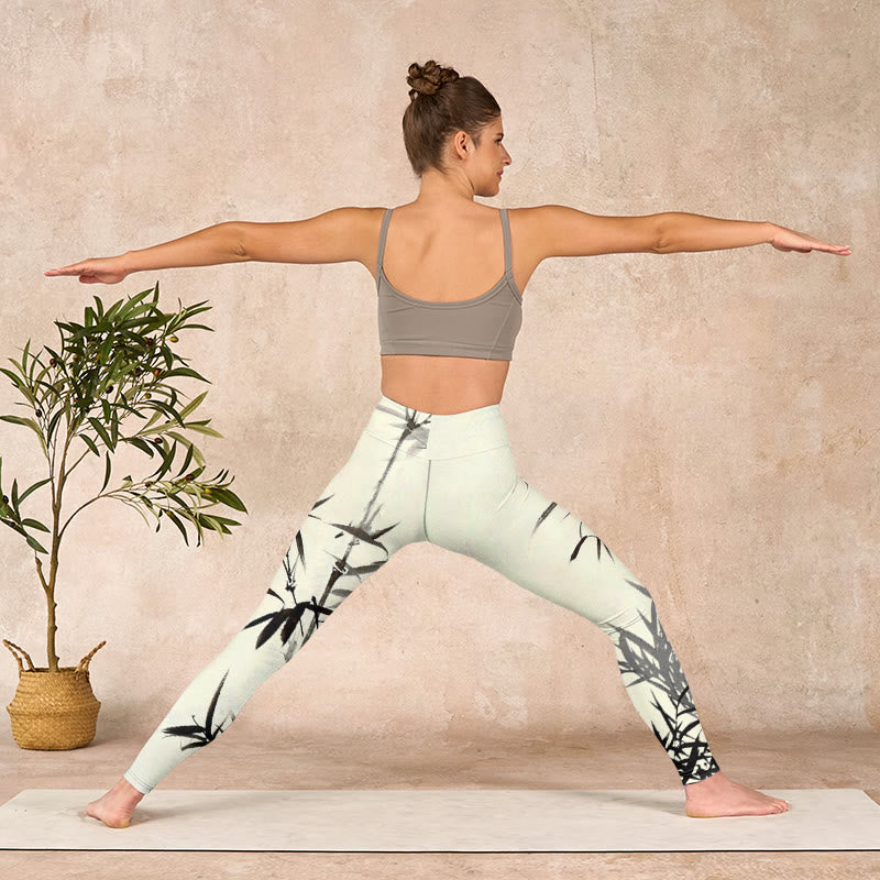 Buddha Stones水墨画 竹の葉 プリント スポーツレギンス レディース ヨガパンツ - image 11