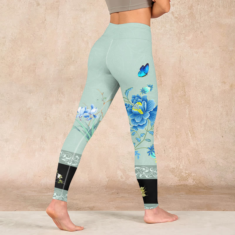 Buddha Stonesミントグリーン ブルー 牡丹 バタフライプリント スポーツレギンス レディース ヨガパンツ - image 4
