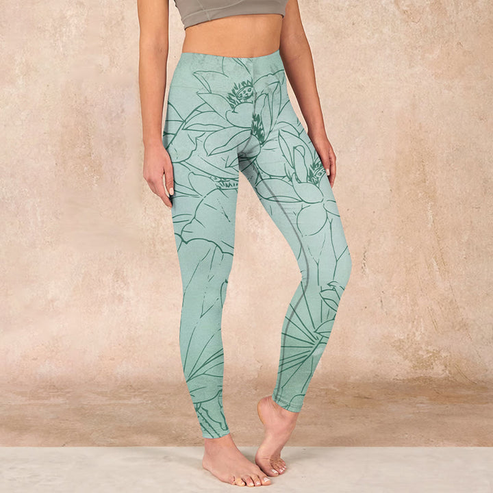 Buddha Stonesグリーン ロータス フラワー プリント スポーツ レギンス レディース ヨガパンツ - ダークシーグリーン - US18、 UK/AU22、 EU50 (4XL) - image 1