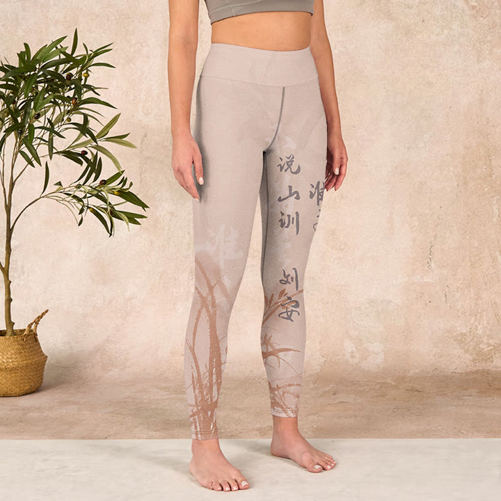Buddha Stonesのカリグラフィーオーキッドプリントジムレギンスレディースヨガパンツ - image 4