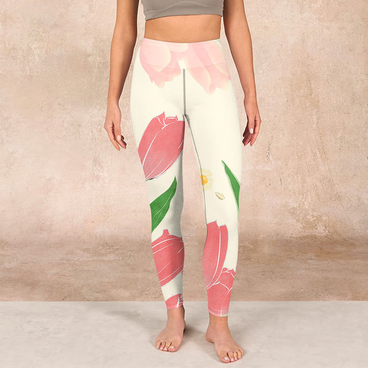 Buddha Stonesピンク チューリップ フラワープリント ジム フィットネス レギンス レディース ヨガパンツ - image 1