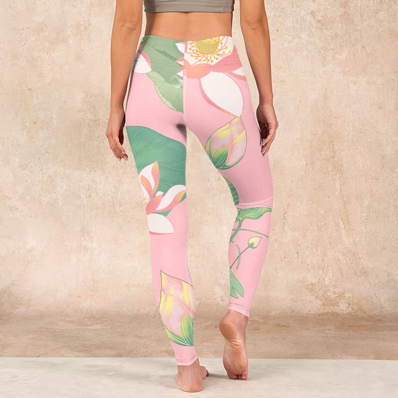 Buddha Stonesピンク 蓮の花 葉 プリント ジム フィットネス レギンス レディース ヨガパンツ - image 14